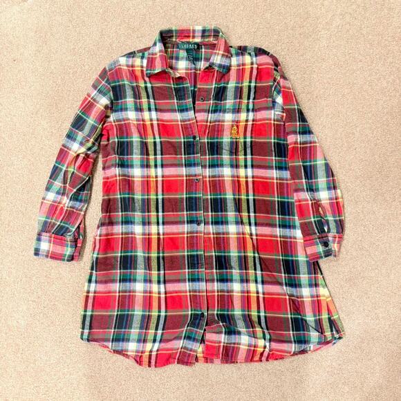 Lauren Ralph Lauren Holiday Plaid Cotton Flannel Shirtdress Sleepshirt Small - Picture 1 of 5